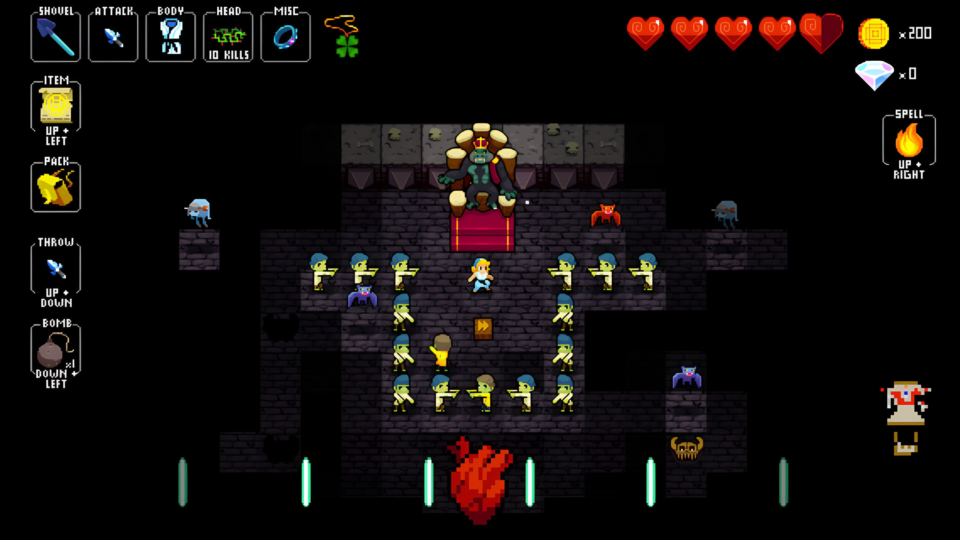 A screenshot from Crypt of the Necrodancer, showing the player surrounded by zombies.