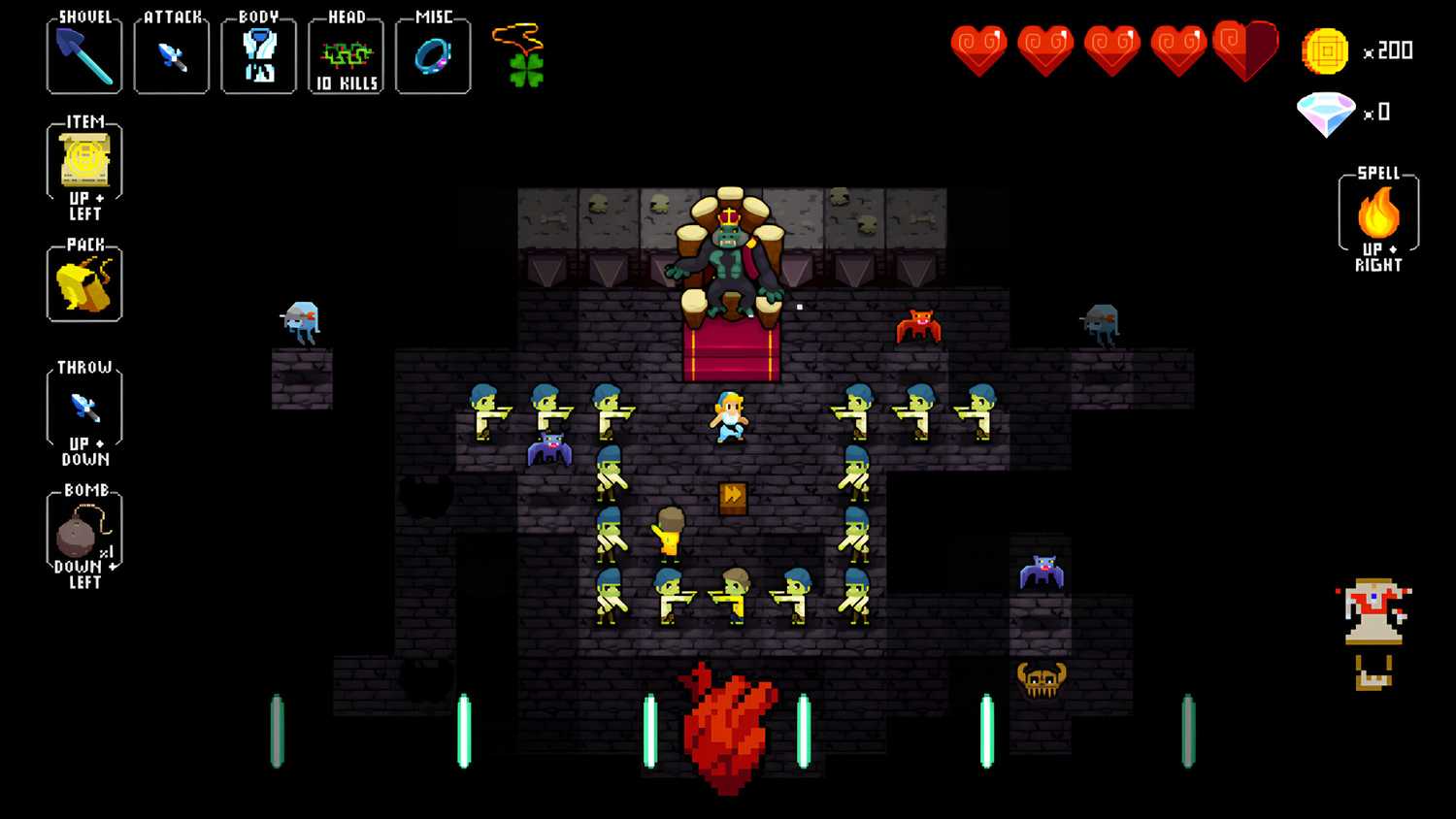 A screenshot from Crypt of the Necrodancer, showing the player surrounded by zombies.