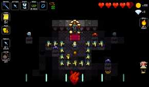 A screenshot from Crypt of the Necrodancer, showing the player surrounded by zombies.