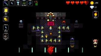 A screenshot from Crypt of the Necrodancer, showing the player surrounded by zombies.