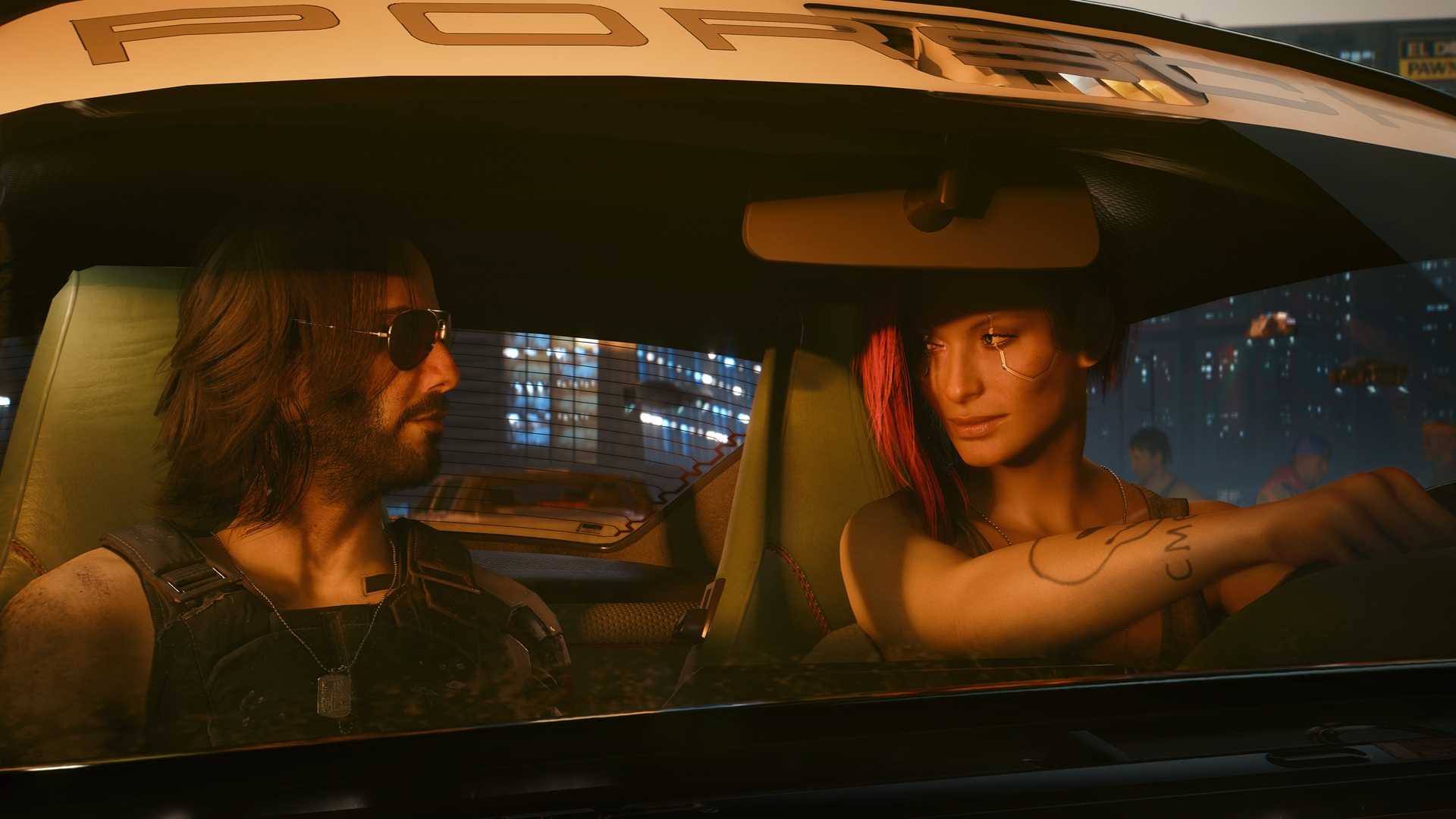 Johnny in the passanger seat of a car in Cyberpunk 2077