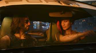 Johnny in the passanger seat of a car in Cyberpunk 2077