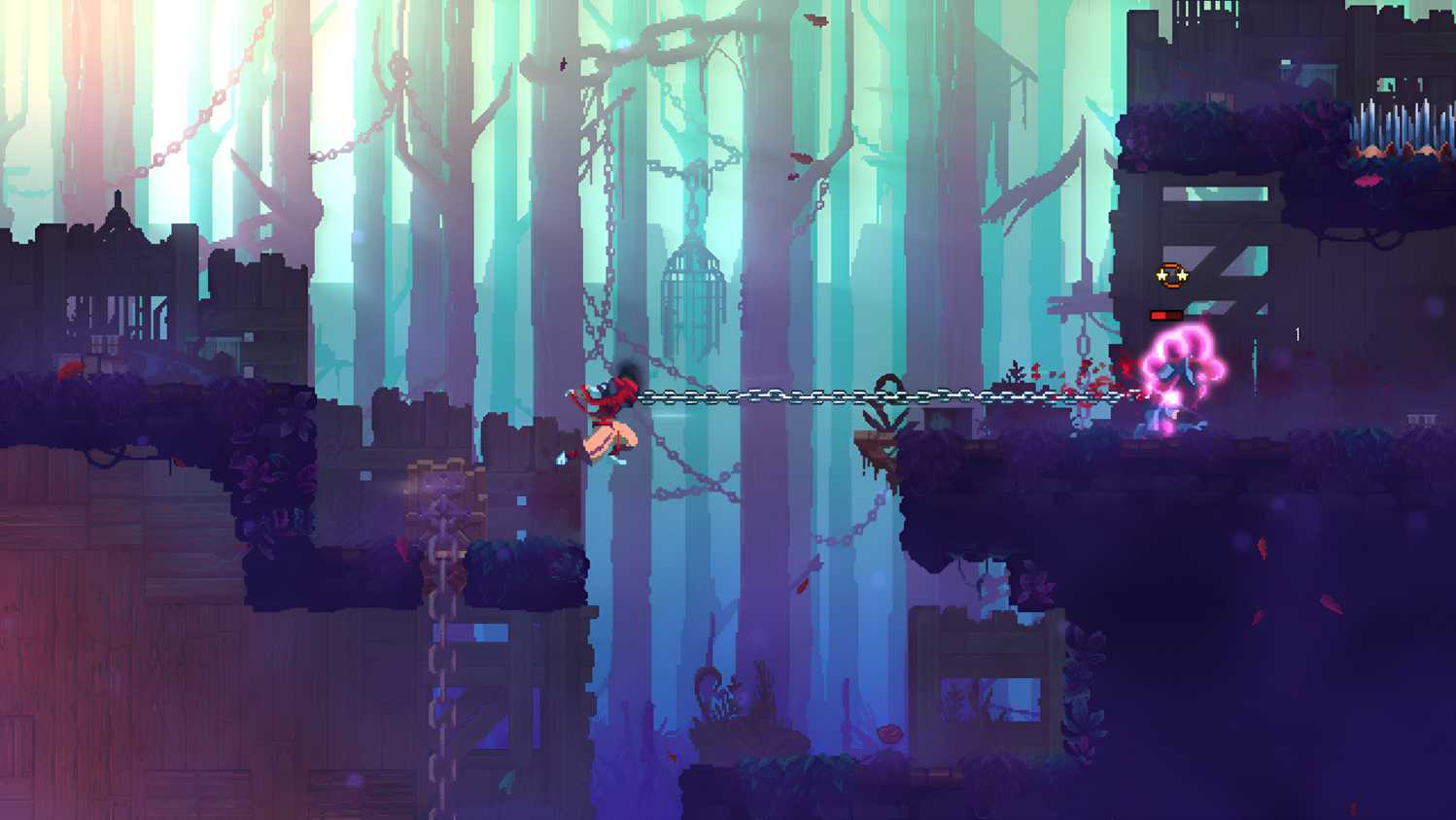 The player throwing a huge chain horizontally in Dead Cells.