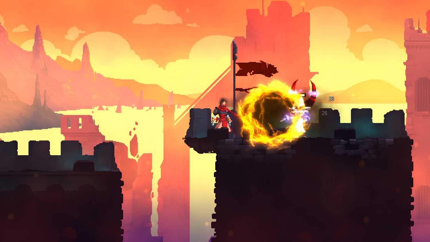 A fiery orb in Dead Cells.