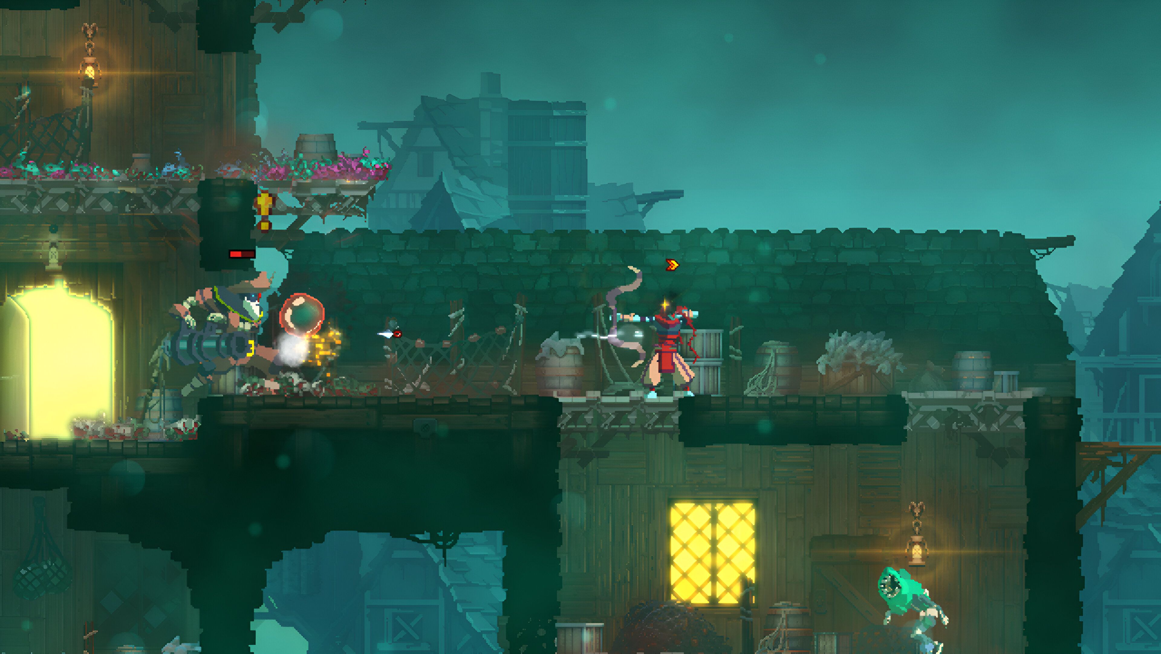 The player using a bow-and-arrow in Dead Cells.