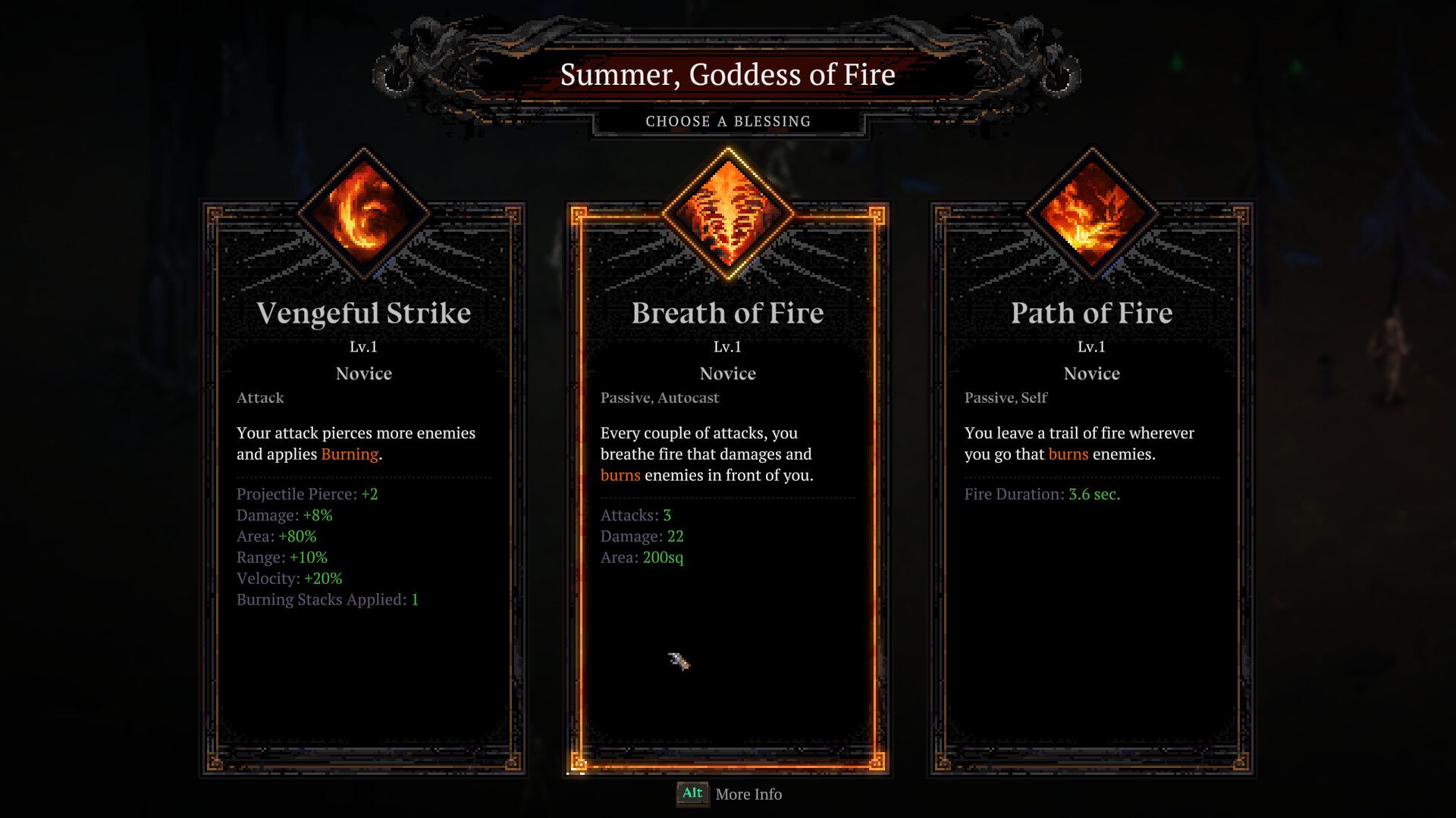 death must die Summer goddess of Fire upgrade selection screen