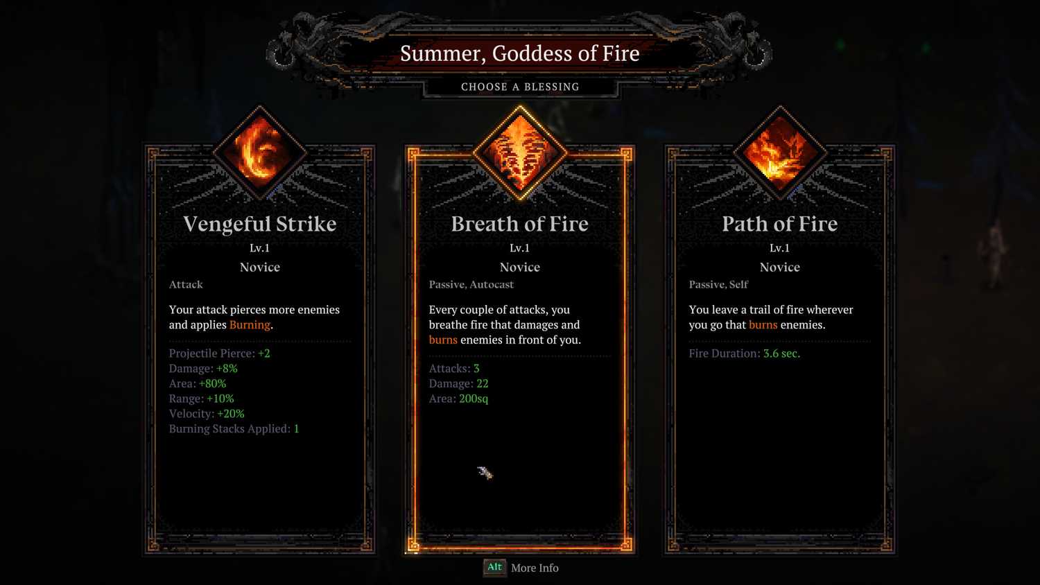 death must die Summer goddess of Fire upgrade selection screen