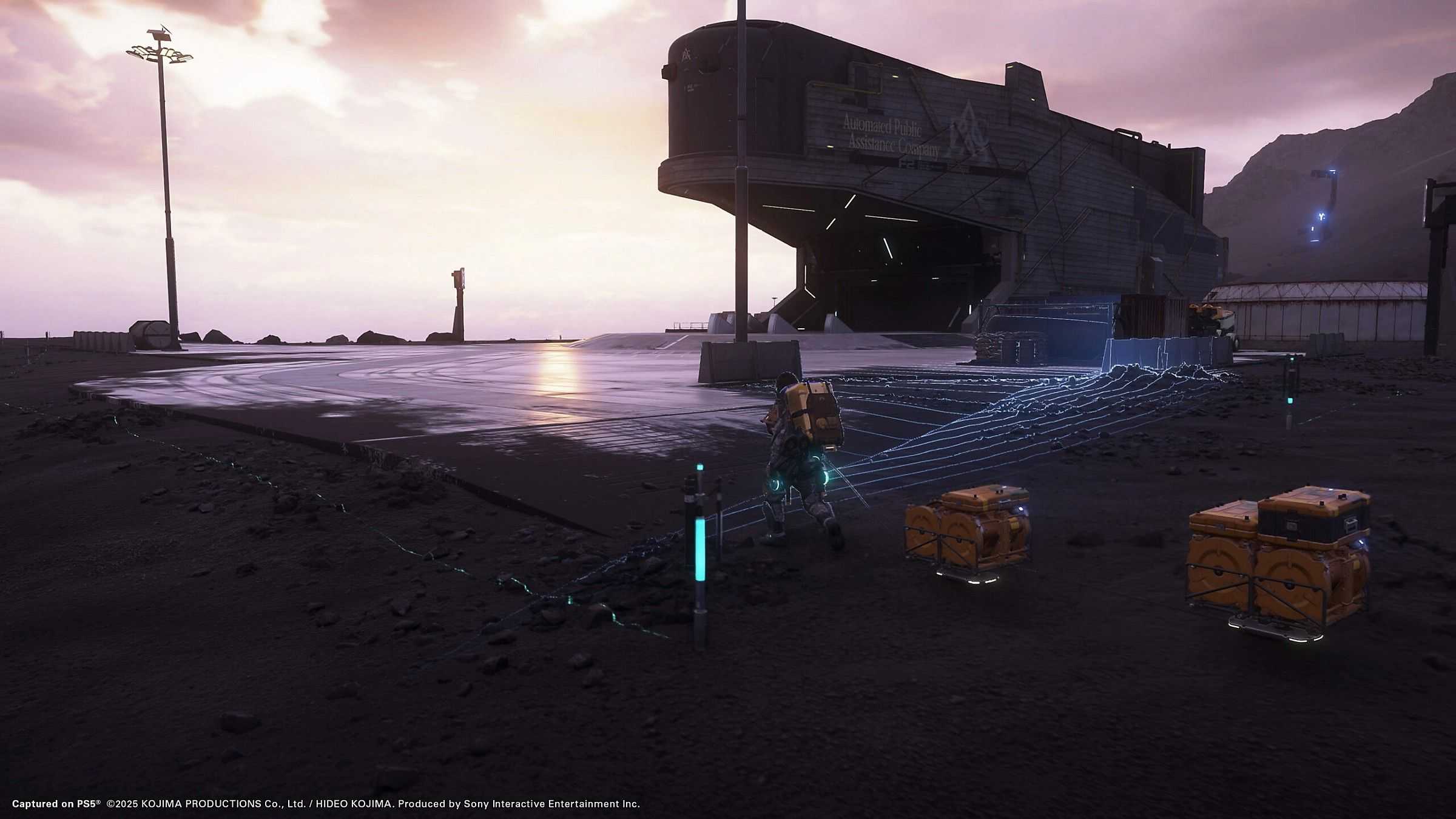 Death-Stranding 2 Bridges base building outside of a large ship
