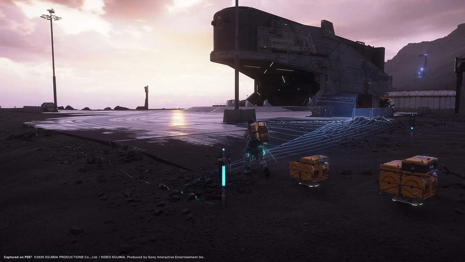 Death-Stranding 2 Bridges base building outside of a large ship