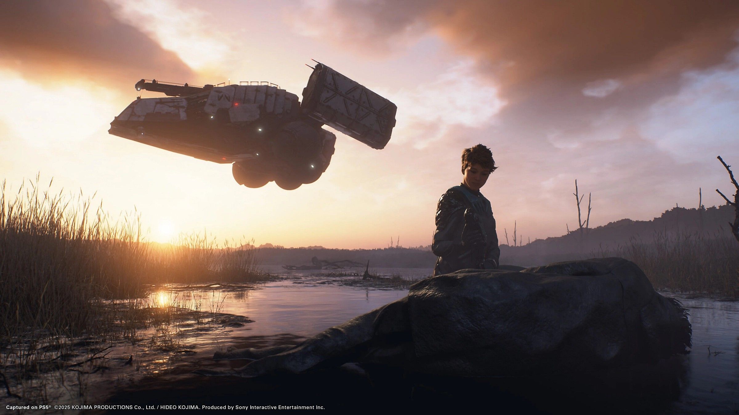 Death Stranding 2 Fragile standing in front of a rock in a swamp