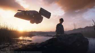 Death Stranding 2 Fragile standing in front of a rock in a swamp