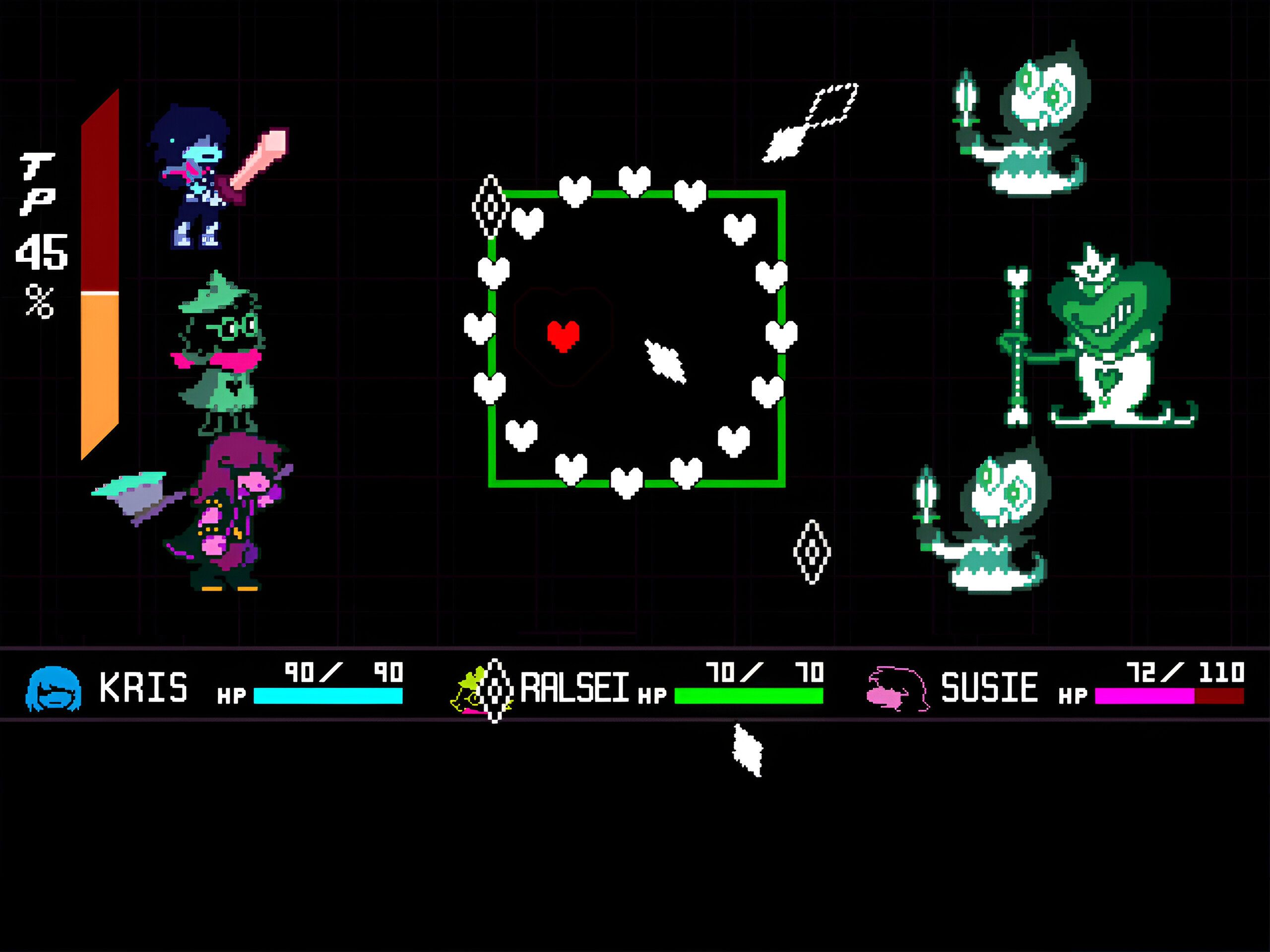 A screenshot from the game "Deltarune", showing the game's turn-based combat.