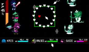 A screenshot from the game "Deltarune", showing the game's turn-based combat.