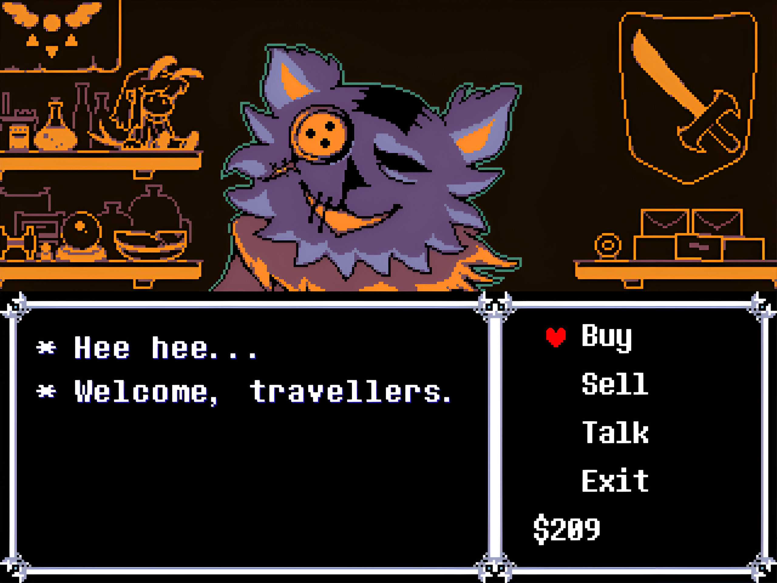 A screenshot from the game "Deltarune", showing a conversation with a shopkeeper in the game.