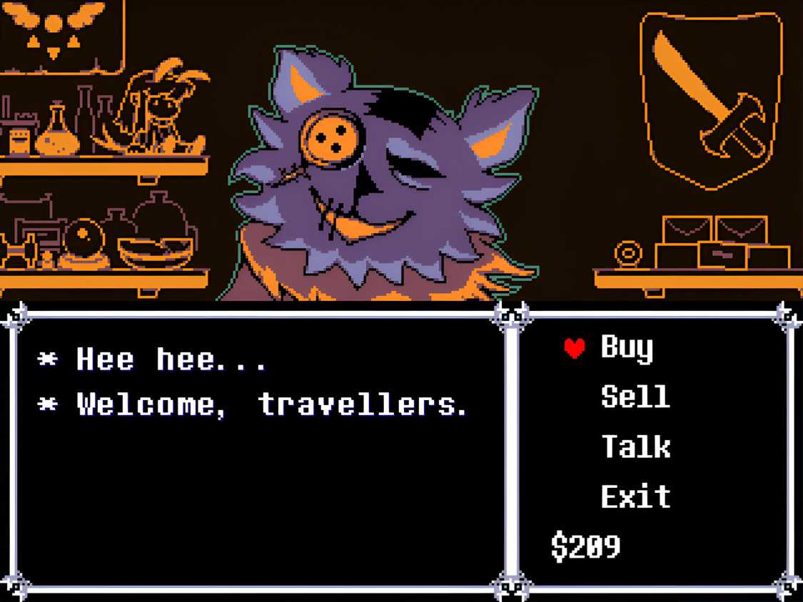 A screenshot from the game "Deltarune", showing a conversation with a shopkeeper in the game.