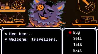 A screenshot from the game "Deltarune", showing a conversation with a shopkeeper in the game.