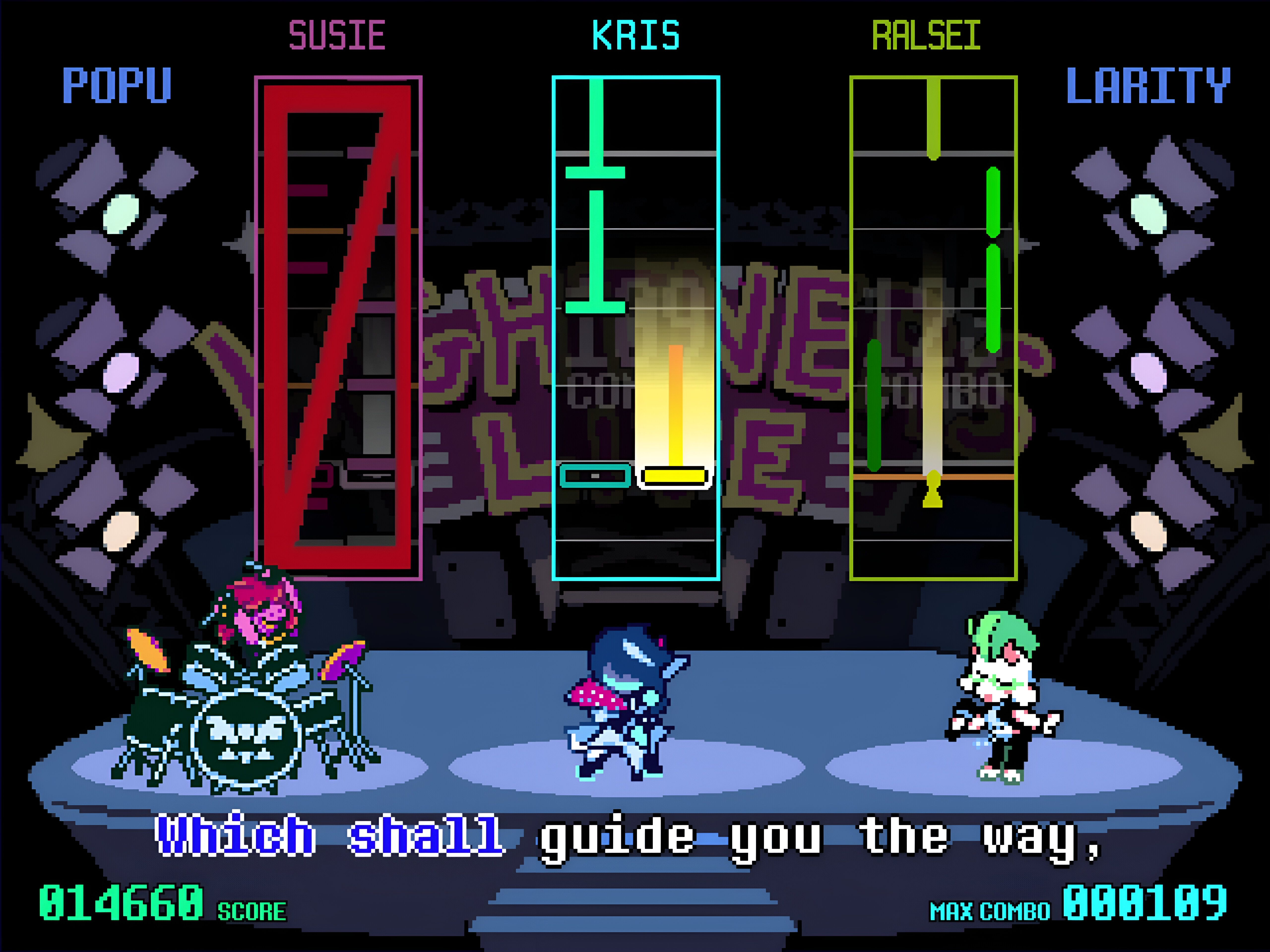 A screenshot from the game "Deltarune", showing three characters playing musical instruments.