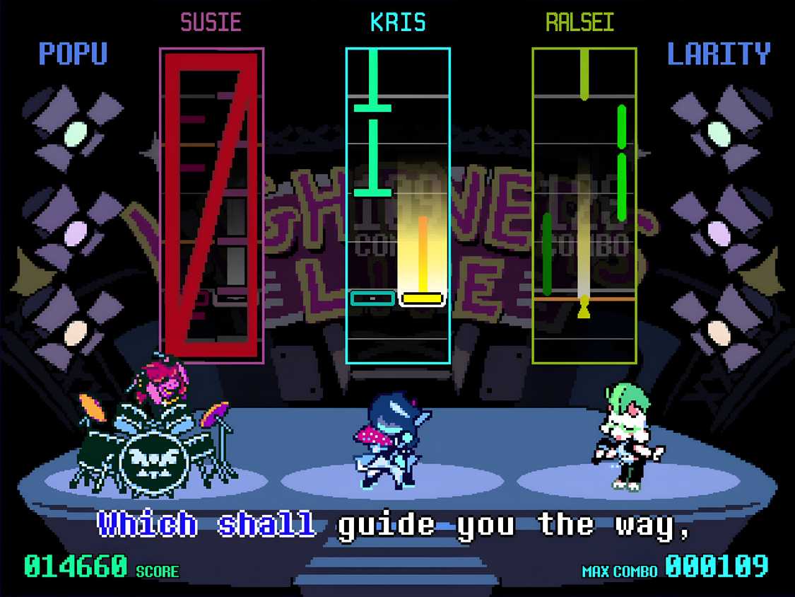 A screenshot from the game "Deltarune", showing three characters playing musical instruments.