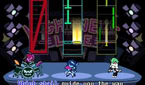 A screenshot from the game "Deltarune", showing three characters playing musical instruments.
