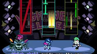 A screenshot from the game "Deltarune", showing three characters playing musical instruments.