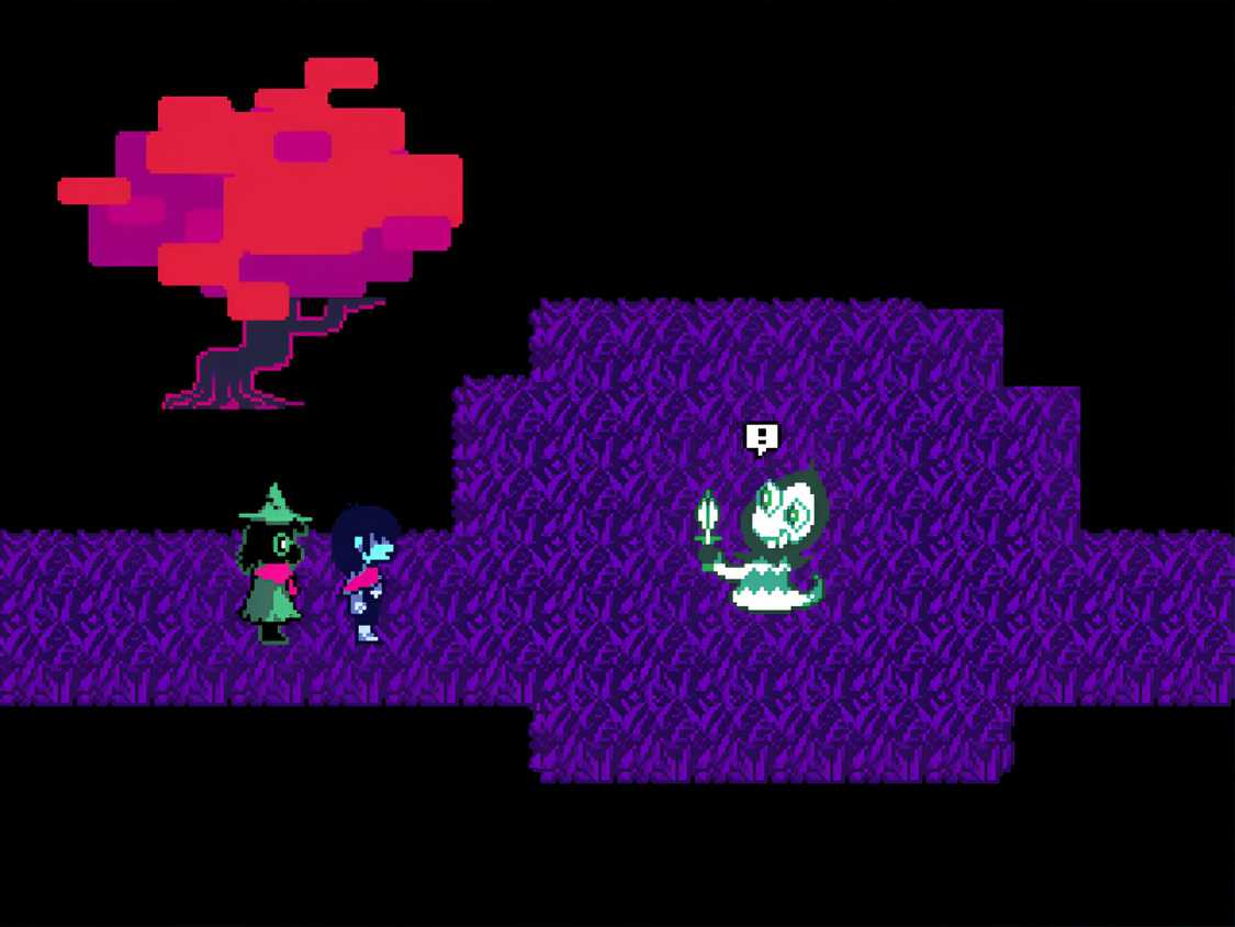 A screenshot from the game "Deltarune", showing two characters talking to a third while a big red tree looms in the background.
