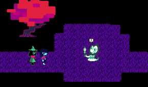 A screenshot from the game "Deltarune", showing two characters talking to a third while a big red tree looms in the background.