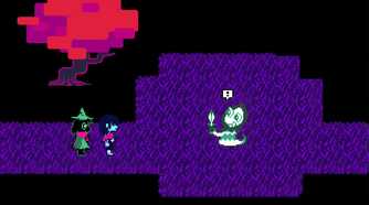 A screenshot from the game "Deltarune", showing two characters talking to a third while a big red tree looms in the background.