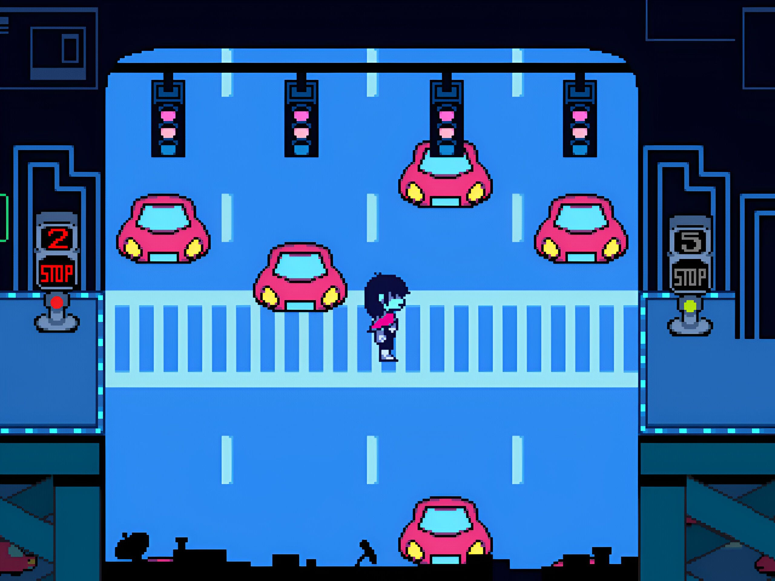 A screenshot from the game "Deltarune", showing the player crossing a busy road.
