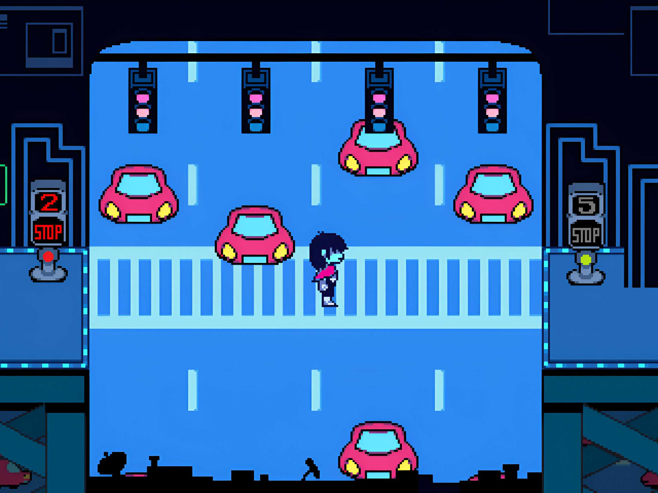 A screenshot from the game "Deltarune", showing the player crossing a busy road.