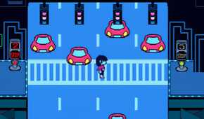 A screenshot from the game "Deltarune", showing the player crossing a busy road.