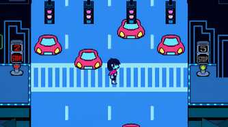 A screenshot from the game "Deltarune", showing the player crossing a busy road.