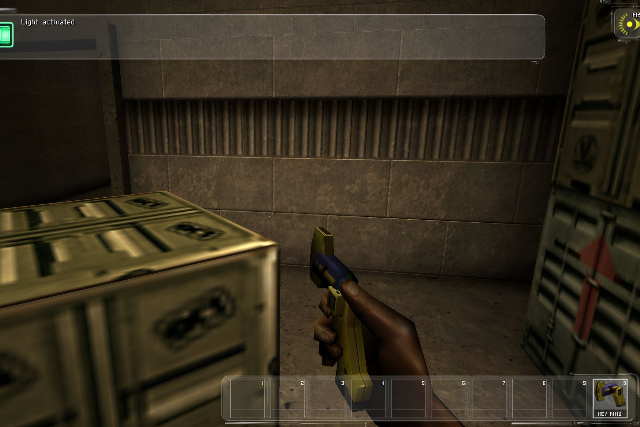 The player character holding a key ring in Deus Ex.