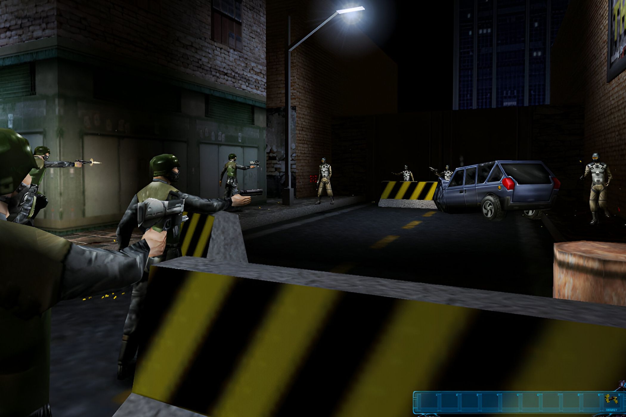 Soldiers shooting at enemies in the street at night in Deus Ex.