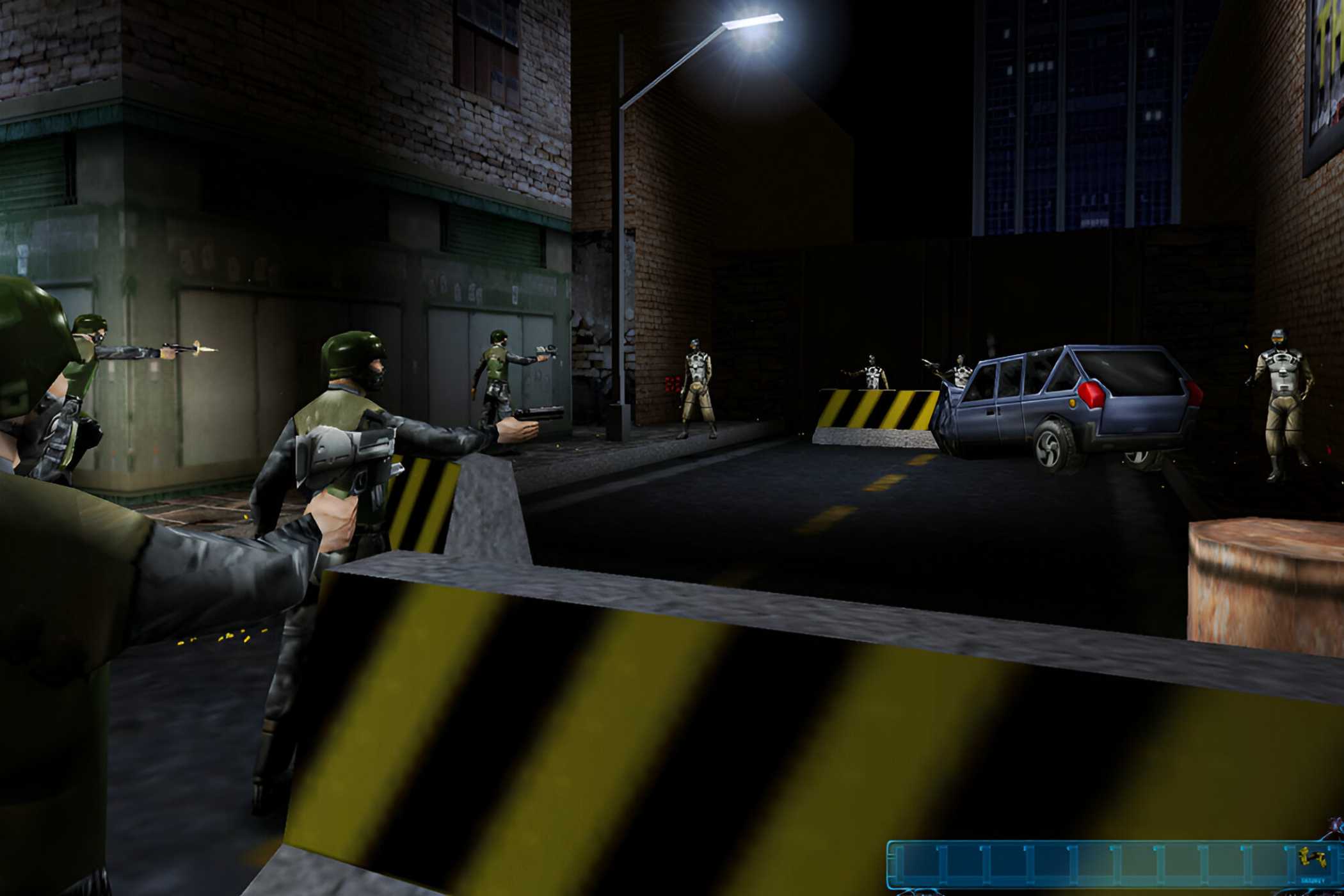 Soldiers shooting at enemies in the street at night in Deus Ex.