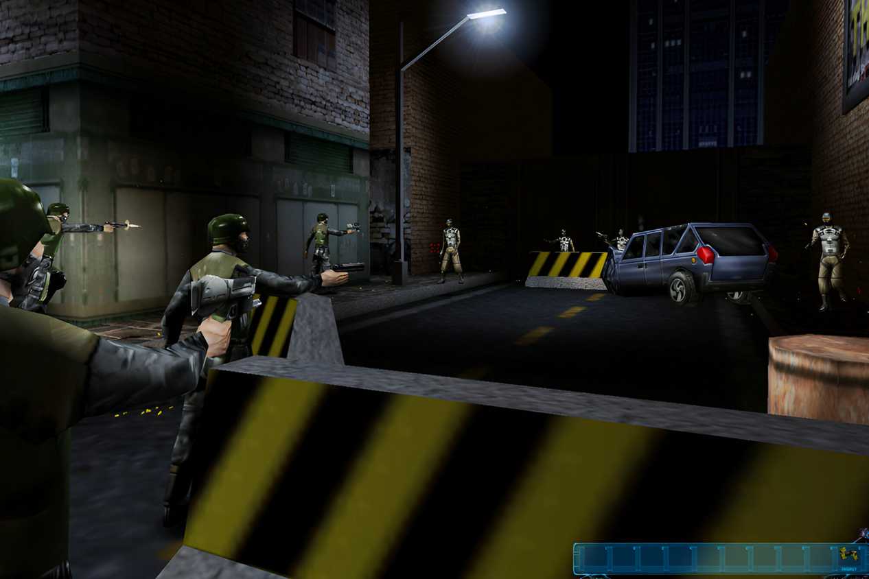 Soldiers shooting at enemies in the street at night in Deus Ex.