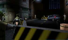 Soldiers shooting at enemies in the street at night in Deus Ex.