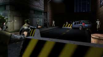 Soldiers shooting at enemies in the street at night in Deus Ex.