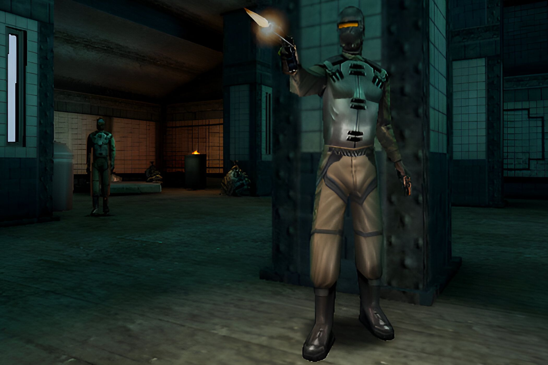 A soldier wearing a robotic suit firing a gun in Deus Ex.
