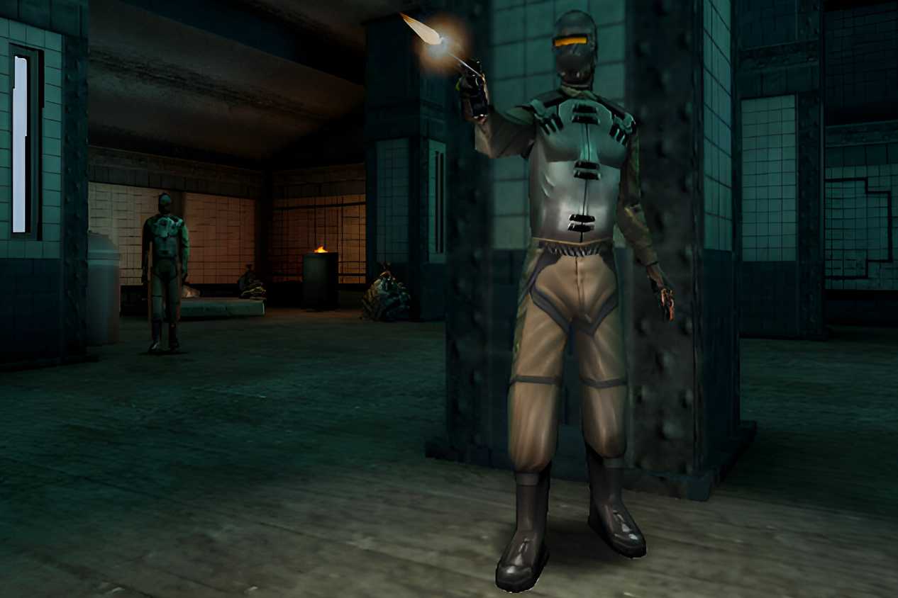 A soldier wearing a robotic suit firing a gun in Deus Ex.