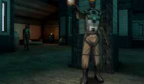 A soldier wearing a robotic suit firing a gun in Deus Ex.