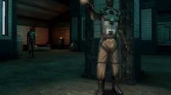 A soldier wearing a robotic suit firing a gun in Deus Ex.