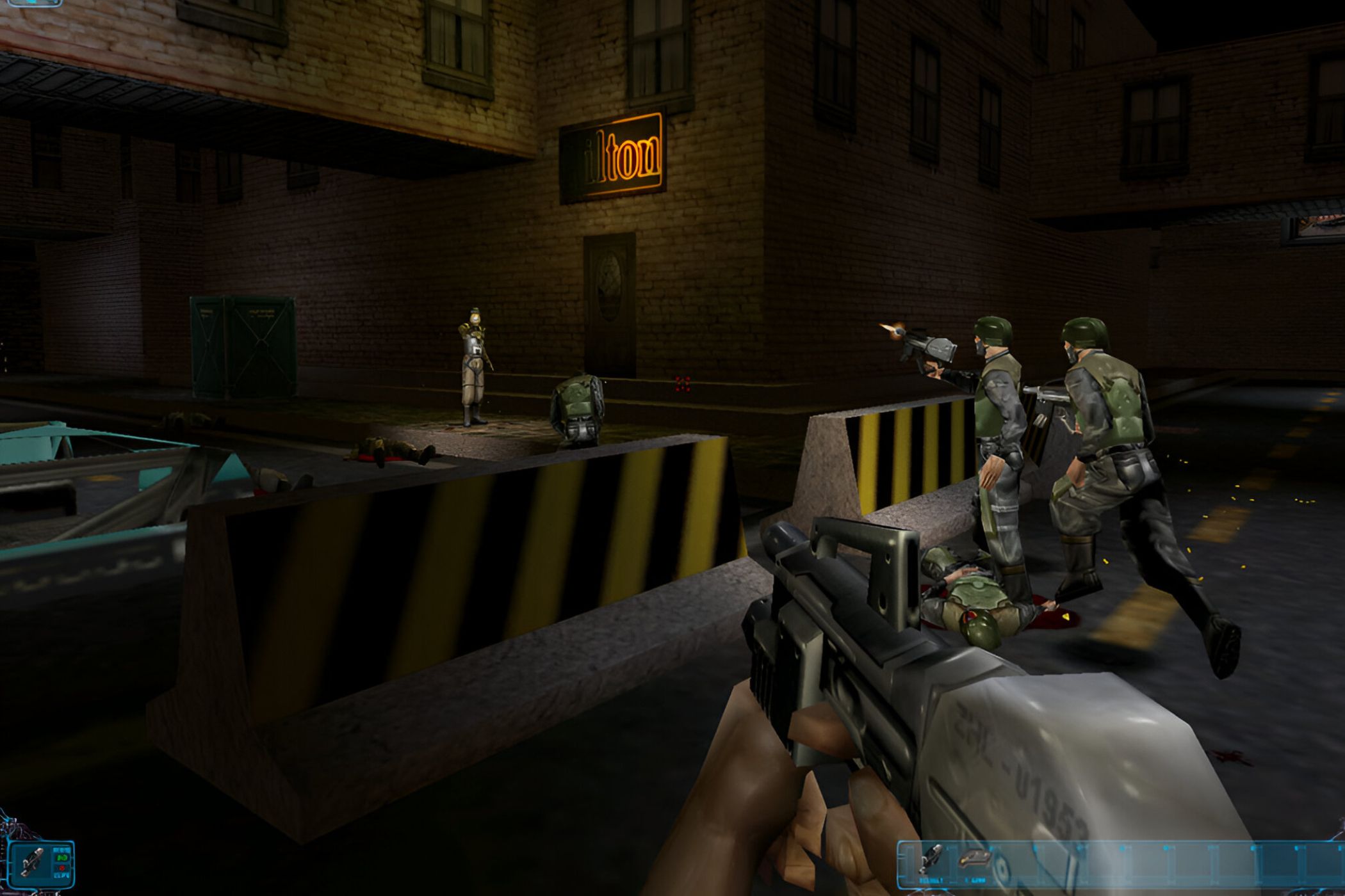 The player character walking through the streets at night in Deus Ex.