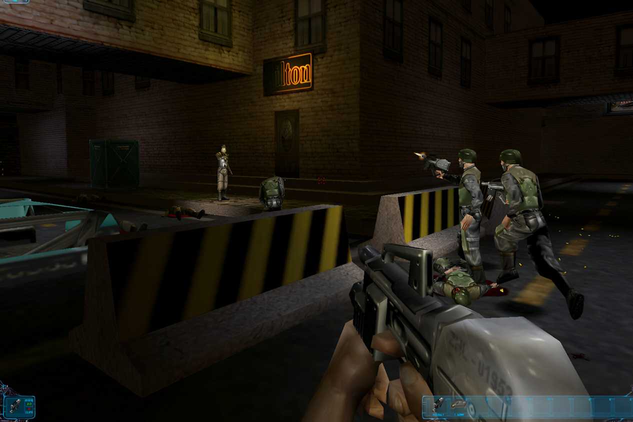 The player character walking through the streets at night in Deus Ex.