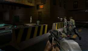 The player character walking through the streets at night in Deus Ex.