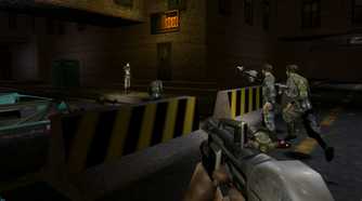 The player character walking through the streets at night in Deus Ex.
