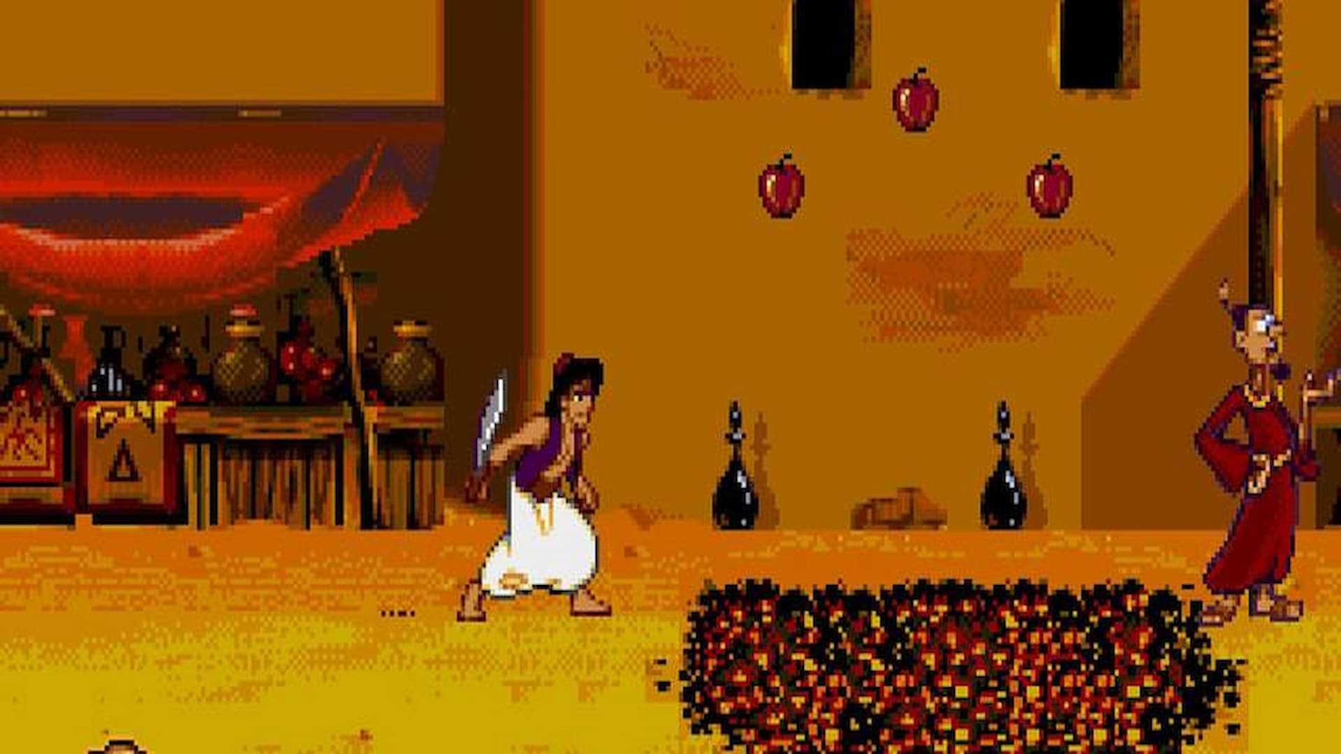 Aladdin looking at an enemy in the Sega Genesis version of Aladdin.