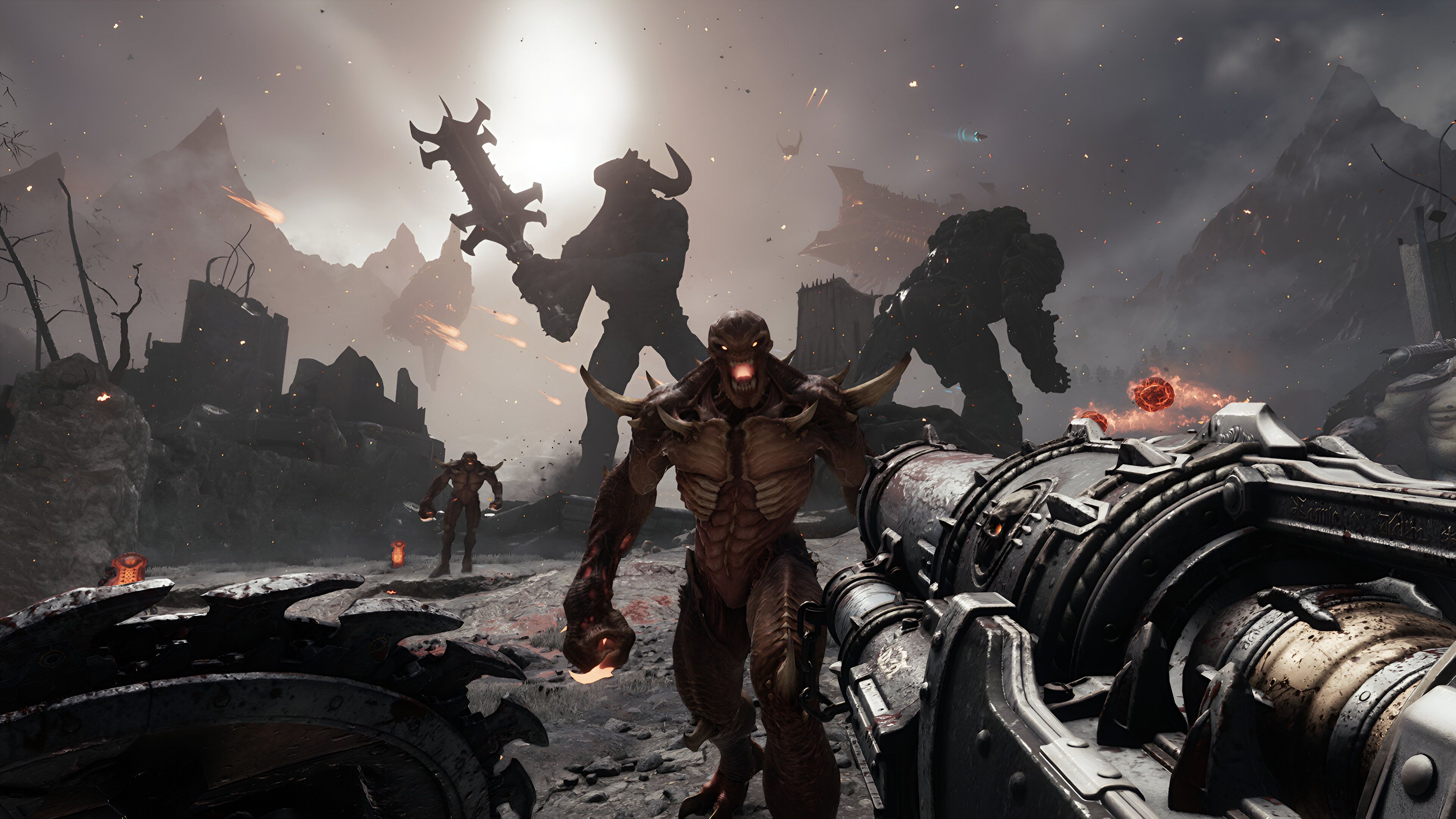 A screenshot from the game "Doom: The Dark Ages", showing a titan and an Atlan mech fighting in th background.