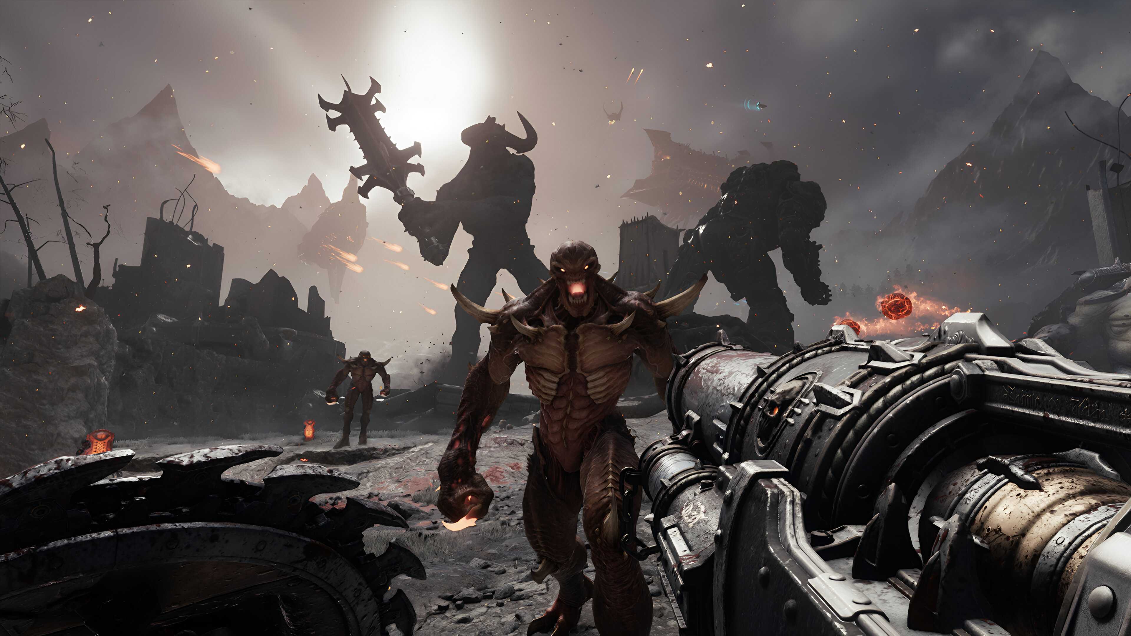 A screenshot from the game "Doom: The Dark Ages", showing a titan and an Atlan mech fighting in th background.