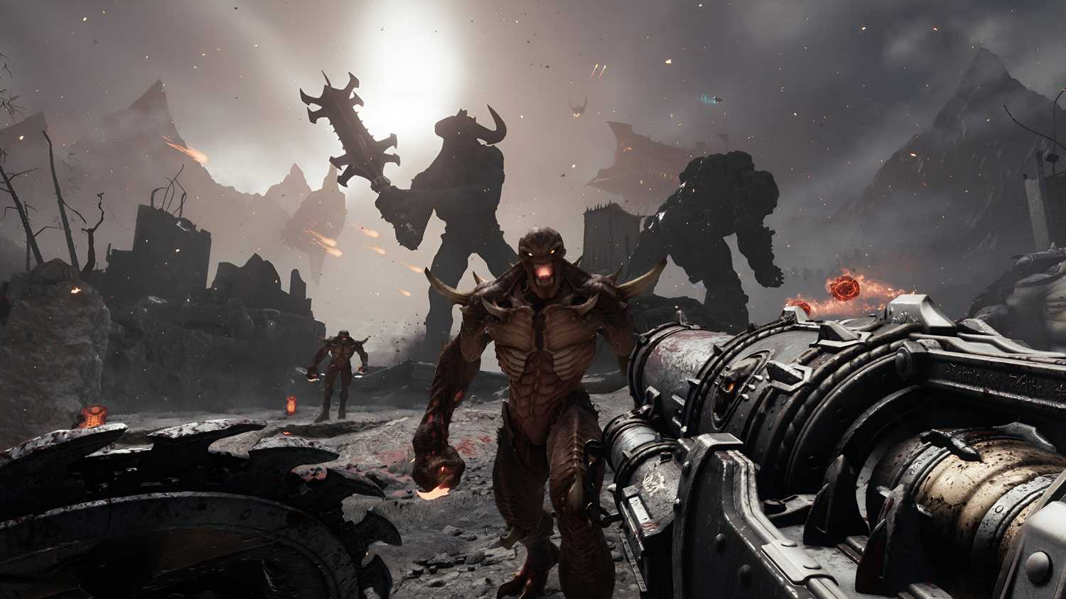 A screenshot from the game "Doom: The Dark Ages", showing a titan and an Atlan mech fighting in th background.