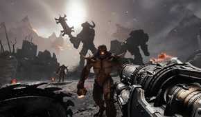 A screenshot from the game "Doom: The Dark Ages", showing a titan and an Atlan mech fighting in th background.